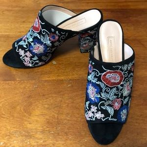 Black floral suede and embroidered heels